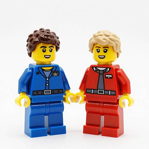 Photograph of two LEGO minifigures: one with brown hair in blue attire, the other with blonde hair in red with black tie.