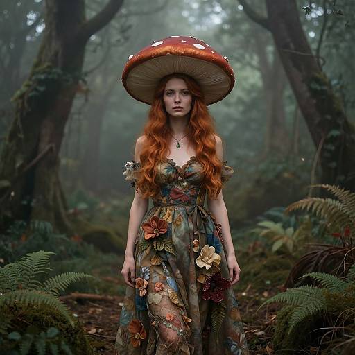 Photorealistic digital art of a red-haired woman in a floral dress and large red mushroom hat, standing in a misty forest.