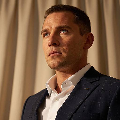 Photograph of a serious-looking, light-skinned man with short brown hair, wearing a dark plaid blazer and white shirt, against a beige