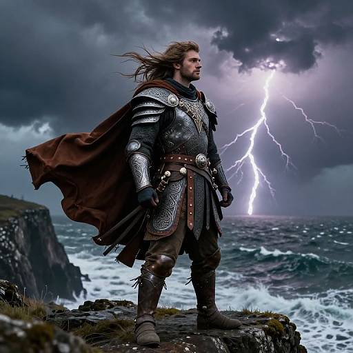Digital artwork of a brave, armored warrior with flowing hair standing on a rocky cliff, facing a stormy sea and bright lightning.