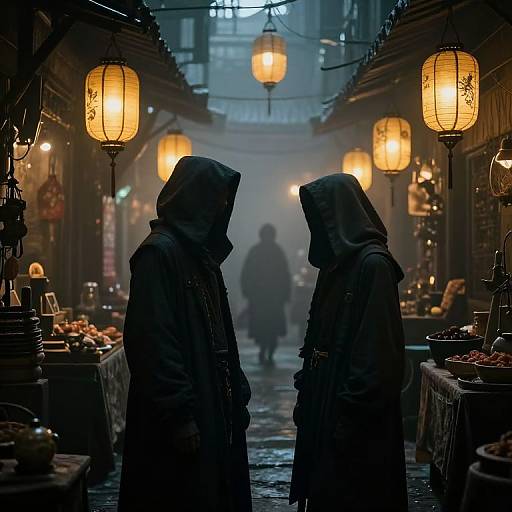 Photograph: Mysterious, hooded figures face each other in a dim, lantern-lit, foggy market alley, with blurred, distant figure