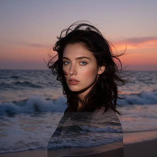 Photograph of a young woman with wavy black hair, blue eyes, and fair skin, standing at the beach during sunset with waves in the background
