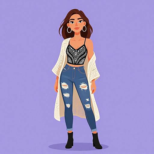 Digital illustration of a stylish woman with dark brown hair, wearing a white open coat, black lace top, distressed blue jeans, black ankle socks, and