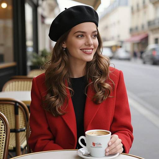 Photograph of a smiling woman with wavy brown hair, wearing a black beret and red blazer, holding a coffee cup outside a café on
