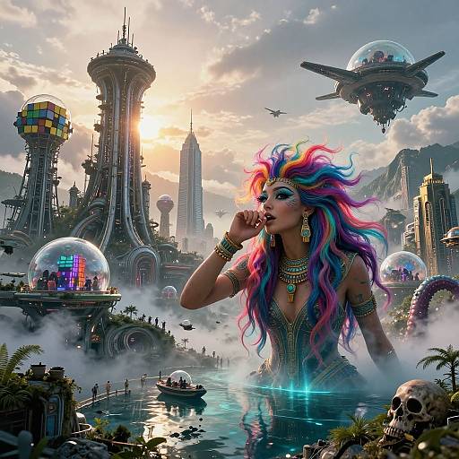 Digital fantasy art: Vibrant woman with multicolored hair, intricate jewelry, and glowing makeup stands in futuristic cityscape with floating cities and bubble structures