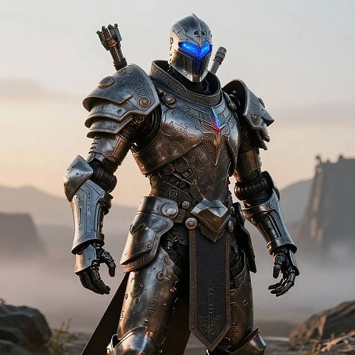 CGI image of a futuristic armored knight with glowing blue eyes, intricate metallic armor, and a black cloak, standing in a misty, rocky landscape
