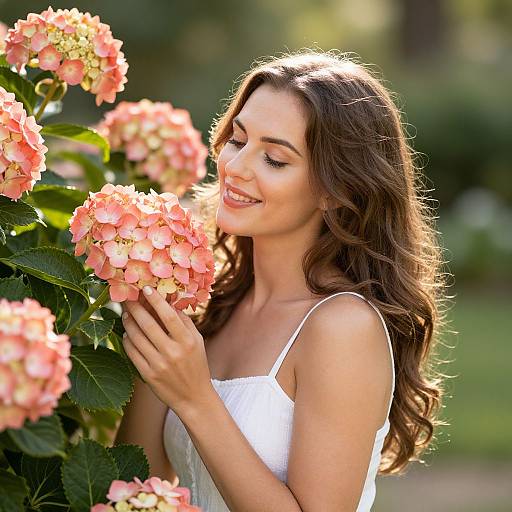 Woman with Coral Hydrangeas in Nature