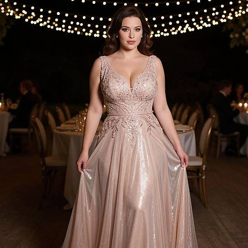 Photograph of a curvy woman with fair skin and dark hair, wearing a shimmering, rose-gold, deep V-neck ball gown, walking