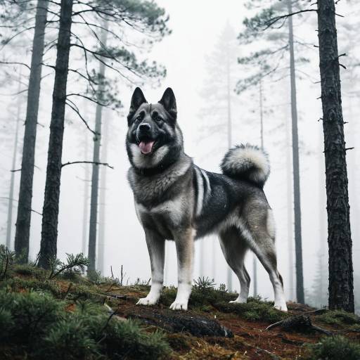 Norwegian Elkhound in Foggy Pine Forest