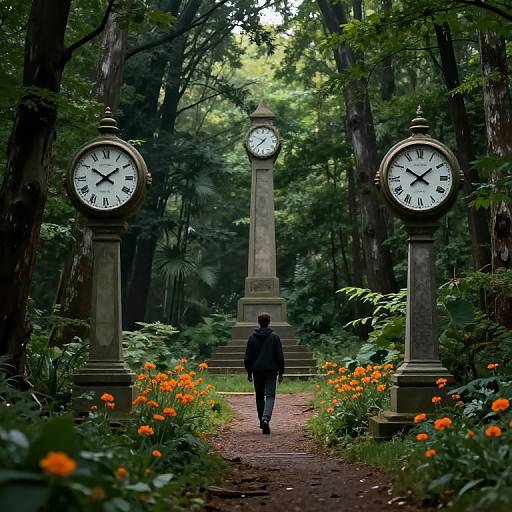 Photograph of a lone figure in a dark coat walking down a forest path flanked by tall clock towers and vibrant orange flowers.