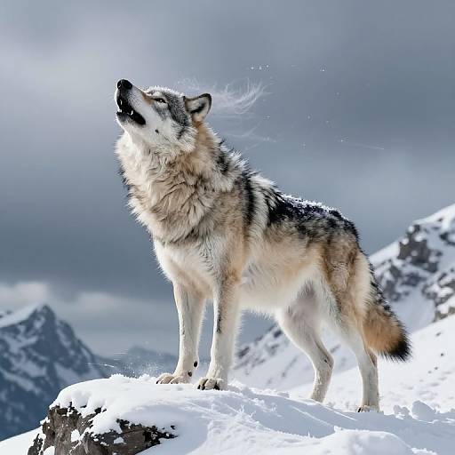 Photograph of a howling gray and black wolf with white underbelly, standing on a snowy mountain peak against a cloudy sky.
