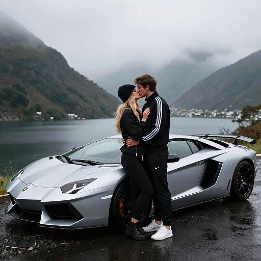 Romantic Couple by Lamborghini in Rain