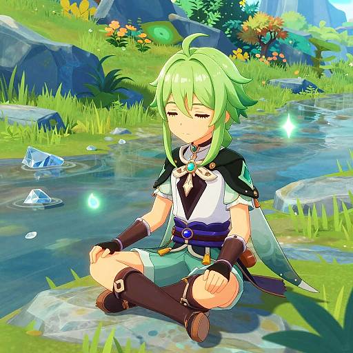 Digital anime-style drawing of a green-haired, fair-skinned character sitting by a stream in a vibrant, grassy, flower-filled meadow.