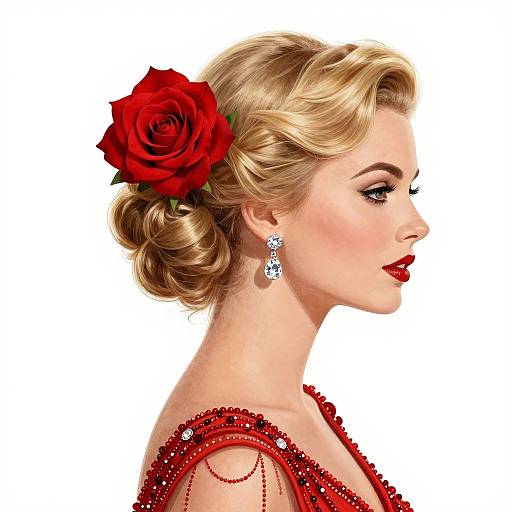 Digital illustration of a blonde woman in profile, wearing a red rose in her elegant updo, red sequined dress, and diamond earrings, with bright