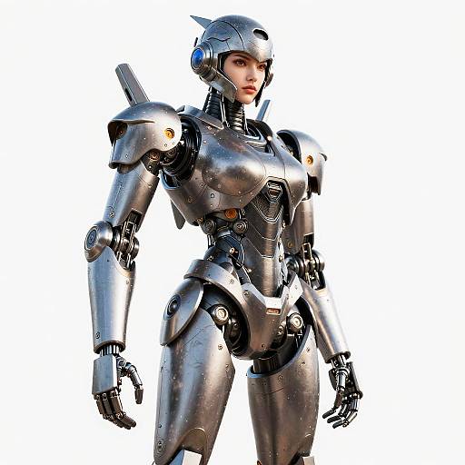 Digital CGI image of a sleek, silver female humanoid robot with armored joints, glowing orange accents, and a helmet, standing against a white background.