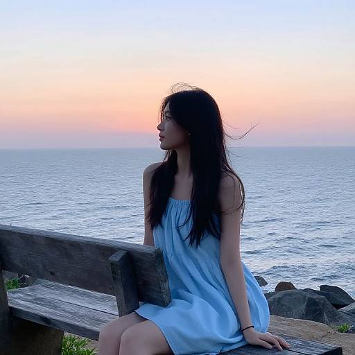 Photograph of a young woman with long, dark hair in a flowing, light blue sundress, sitting on a wooden bench at sunset by the ocean