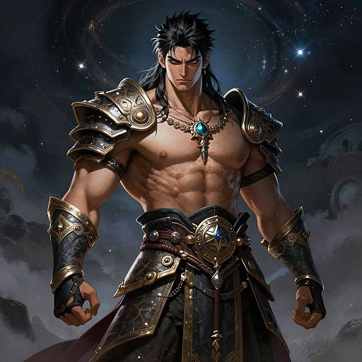 Digital artwork of a muscular, shirtless male warrior with black hair, wearing ornate golden armor, a blue gem necklace, and dark pants, set