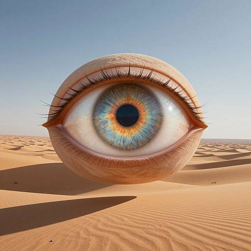 Photorealistic CGI: Enlarged blue eye with detailed iris, long lashes, and pinkish-brown skin, set in a bright, sandy