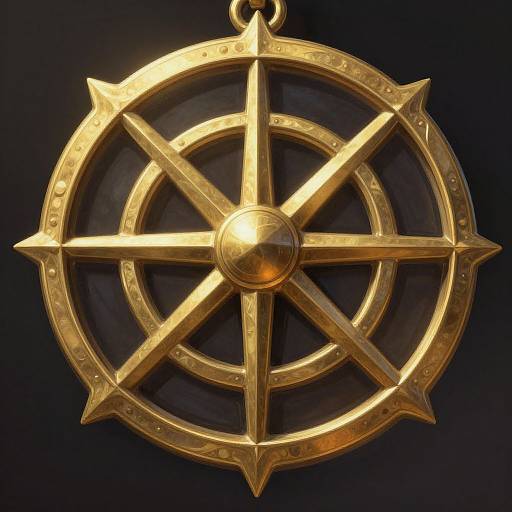 Photograph of a golden, metallic ship's wheel-shaped pendant with a central circle and cross arms, set against a dark background.