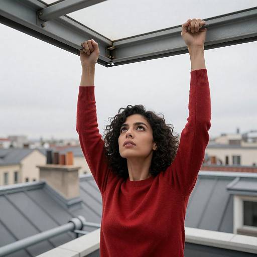 Intense Woman on Rooftop in Cityscape