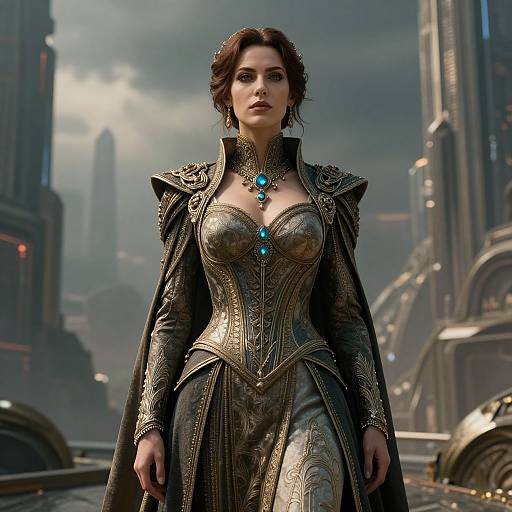 Digital artwork of a dark-haired woman in an ornate, metallic, fantasy armor dress with blue gemstones, standing confidently in a futuristic, cityscape