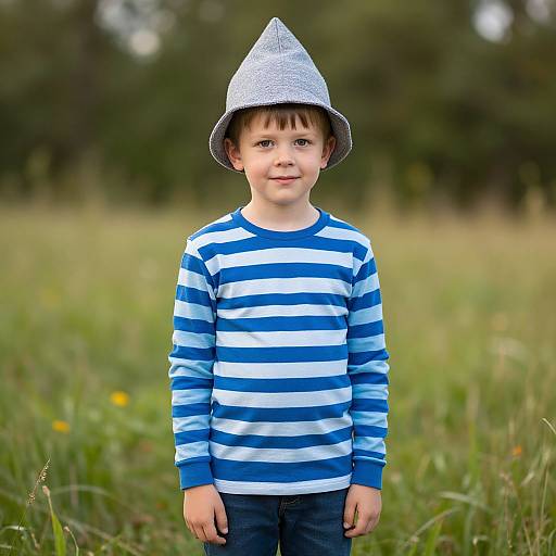 Photograph of a young boy with fair skin, brown hair, wearing a white and blue striped shirt, dark pants, and a gray cone hat,