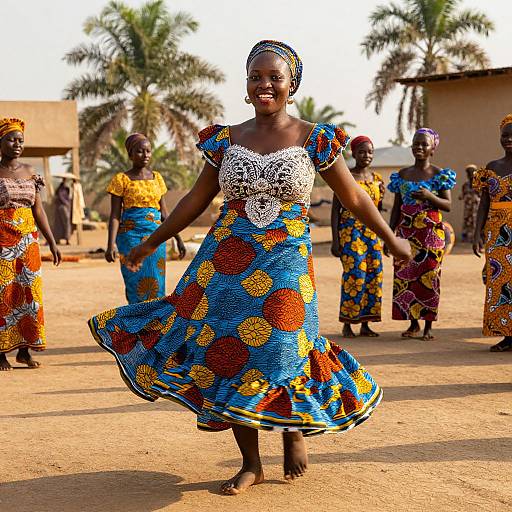 Photograph of an African woman in a vibrant, floral-patterned blue dress with white lace, dancing barefoot in a sunlit, rural village with