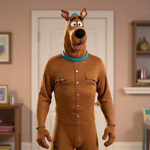 CGI image of Scooby-Doo in a brown, button-up, detective outfit with blue collar, standing in a warmly lit, beige-walled