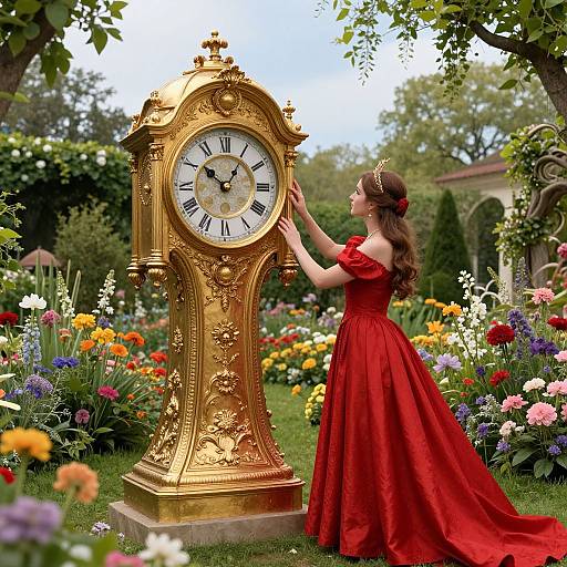 Photograph of a young woman in a red ball gown, with brown hair, adjusting an ornate gold clock in a vibrant, flower-filled garden.