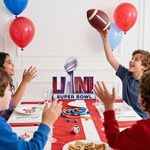 Photograph of four children at a football-themed party, three raising hands, one boy throwing an American football, red and blue balloons, 
