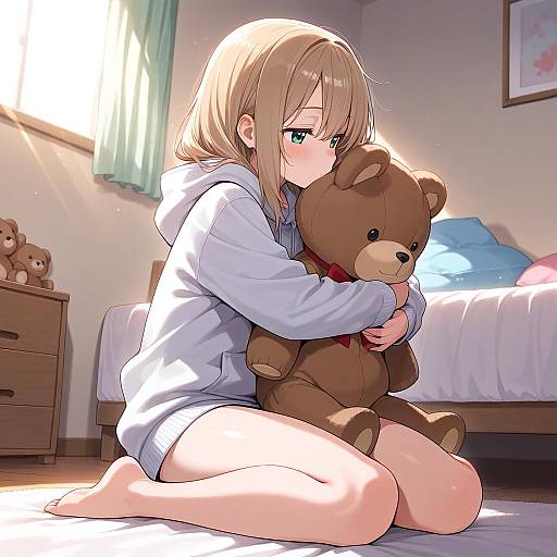 Sunlit Girl Hugging Teddy Bear in Hoodie