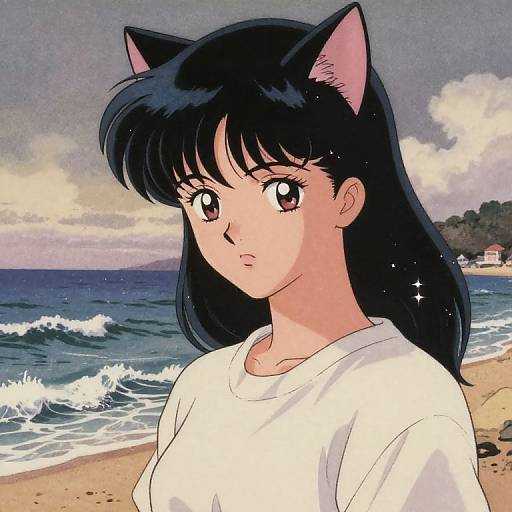 Anime-style drawing of a black-haired girl with cat ears, wearing a white shirt, standing on a beach with waves and a cloudy sky.