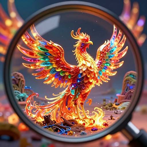 Glass Phoenix Rising in Surreal Landscape