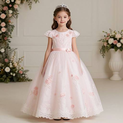 Photograph of a young girl with fair skin, brown hair, wearing a white lace tiara and pink lace dress, standing in a floral-decor