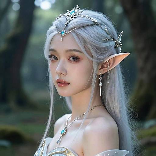 Digital painting of an ethereal, pale-skinned elf woman with long silver hair, pointed ears, and a jeweled tiara, wearing a white