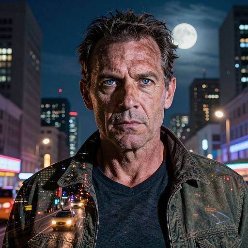 Photograph of a rugged, middle-aged man with messy dark hair, intense blue eyes, and weathered skin, standing in a neon-lit,