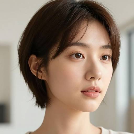 Close-up photograph of an Asian woman with short, dark brown hair, fair skin, and brown eyes, softly lit in a bright room.