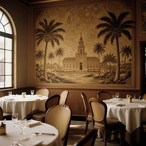Sepia-toned photograph of a vintage dining room with round tables, wicker chairs, and a large palm tree mural of a historic building. Sun
