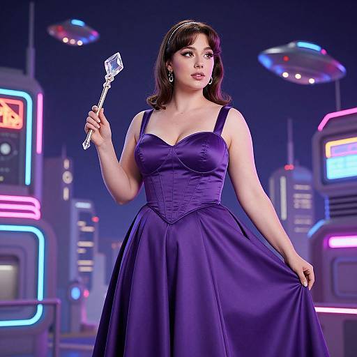 CGI image of a curvy woman with dark hair in a purple, strapless ball gown holding a wand, standing in a neon-lit futuristic