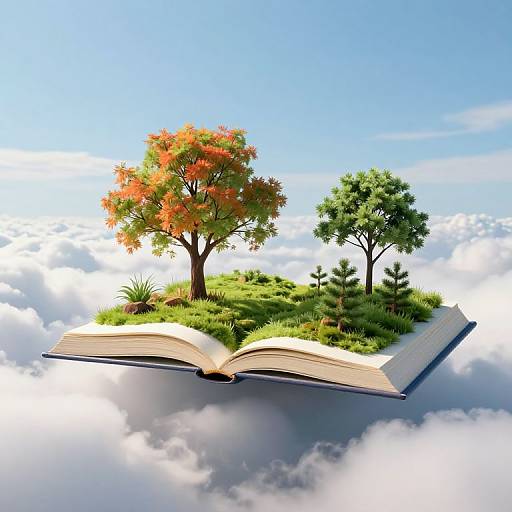 Digital illustration of an open book floating in the sky, with vibrant trees, grass, and clouds surrounding it. Bright blue sky background.
