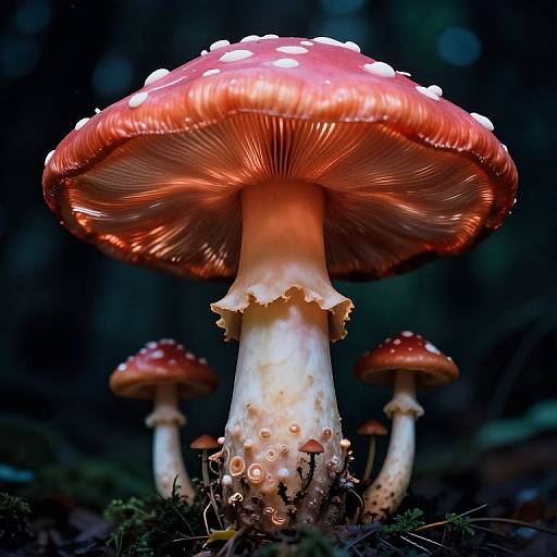Photograph of vibrant red-orange mushrooms with white-spotted caps, glistening in a dark forest, showcasing detailed textures and natural lighting.
