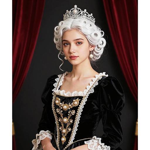 Photograph of a fair-skinned young woman with white curly hair, wearing a silver tiara, black velvet dress with gold embroidery, and lace trim