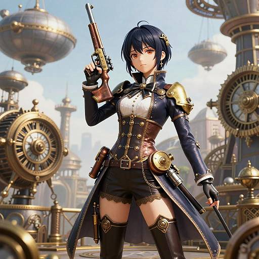Anime-style digital illustration of a blue-haired, red-eyed woman in a steampunk military outfit, holding a gun, set against a futuristic, clock
