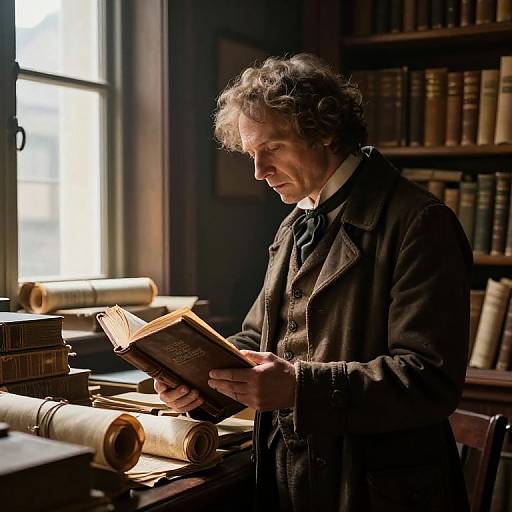 Vintage Library with Inquisitive Historian