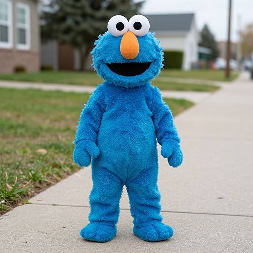 Photograph of a blue, fuzzy Cookie Monster costume with white eyes and orange nose, standing on a suburban sidewalk.