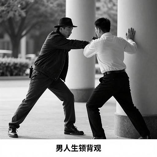 Black and White Action Scene with Two Men