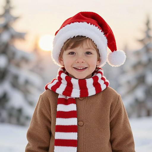 Photograph of a smiling young boy in a red Santa hat, red and white striped scarf, brown coat, standing in a snowy forest.
