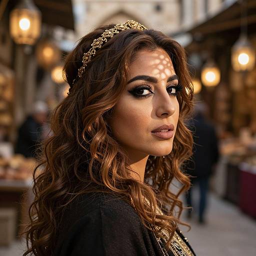 Photograph of a beautiful woman with wavy brown hair, wearing a gold headband, dark eye makeup, and black top, standing in a warmly