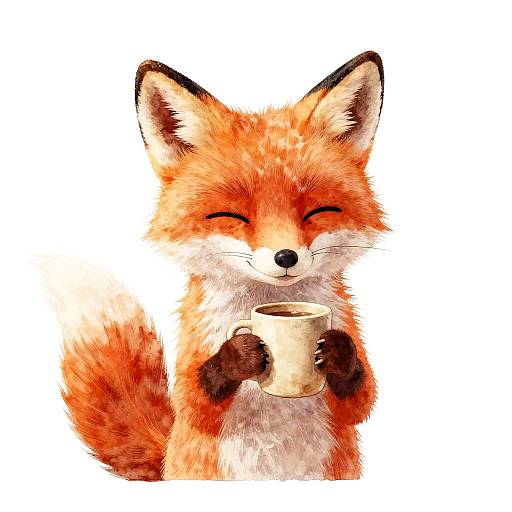 Cute, digital drawing of a fluffy red fox with closed eyes, holding a white mug, smiling, against a plain white background.