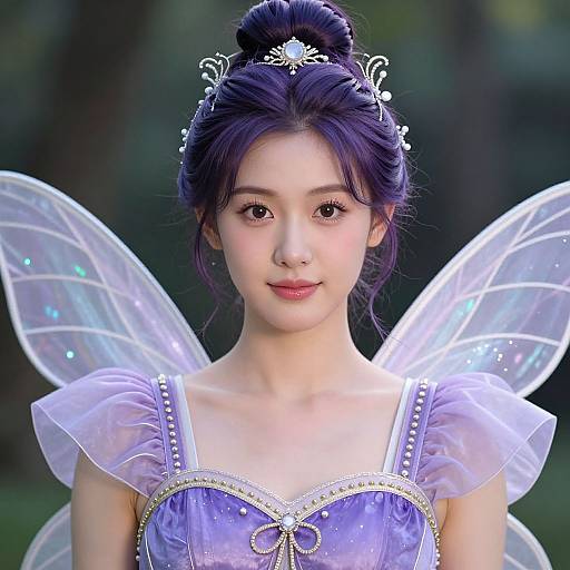 Digital portrait of an Asian woman with fair skin, purple hair in an updo, wearing a lavender fairy dress with transparent wings and a tiara,